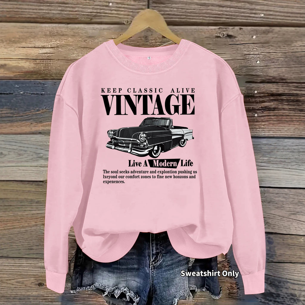Car printed round neck fleece hoodie