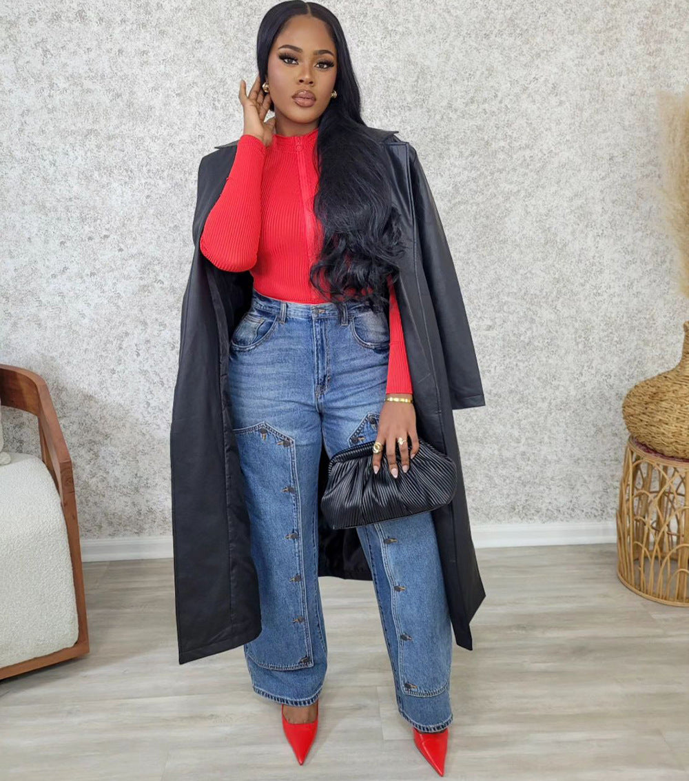 Straight Leg Jeans Women High Waist Casual Pants with Button Patchwork Street Fashion