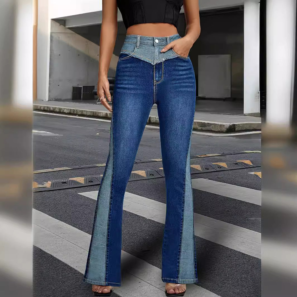 High Waist Women's Jeans, Fashion Street Style Patchwork Color-Blocking Flared Denim Pants