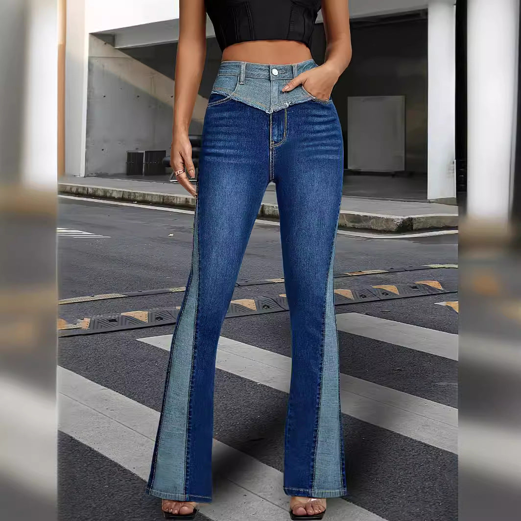 High Waist Women's Jeans, Fashion Street Style Patchwork Color-Blocking Flared Denim Pants