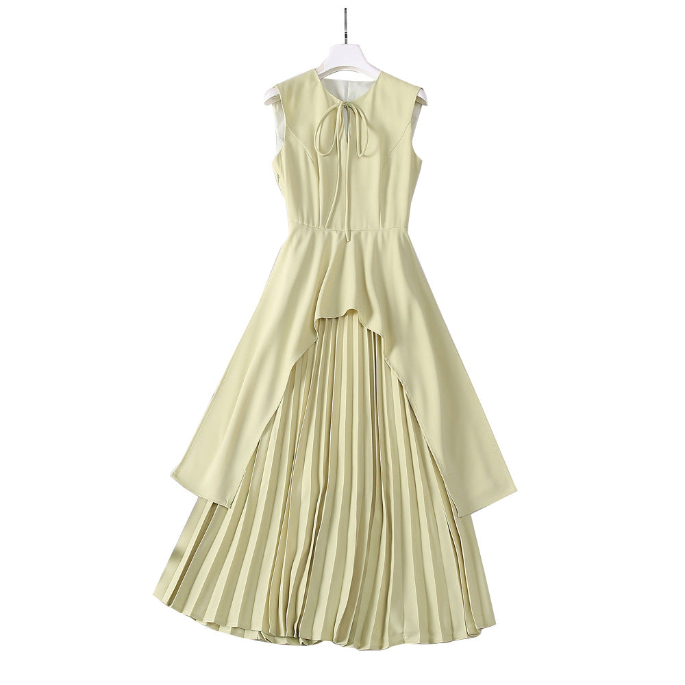Round neck sleeveless waist cinched ruffle hem pleated apple green dress for women