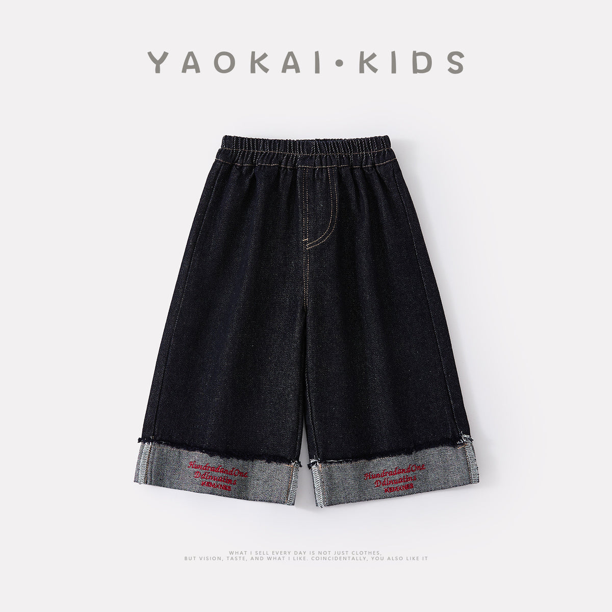 Simple Casual Cuffed Pants, Wide-leg Jeans for Toddlers with Letter Detail at Hem