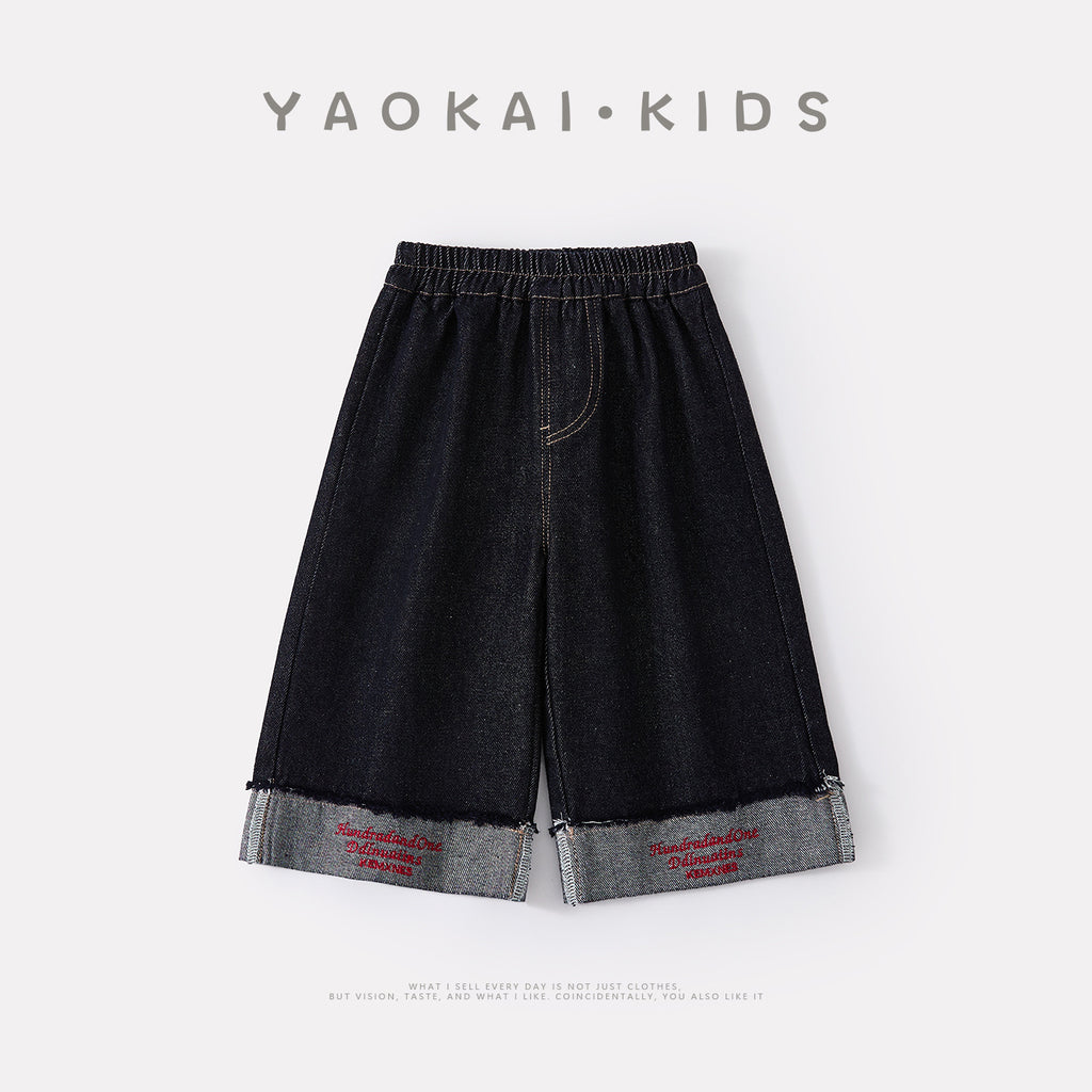 Simple Casual Cuffed Pants, Wide-leg Jeans for Toddlers with Letter Detail at Hem