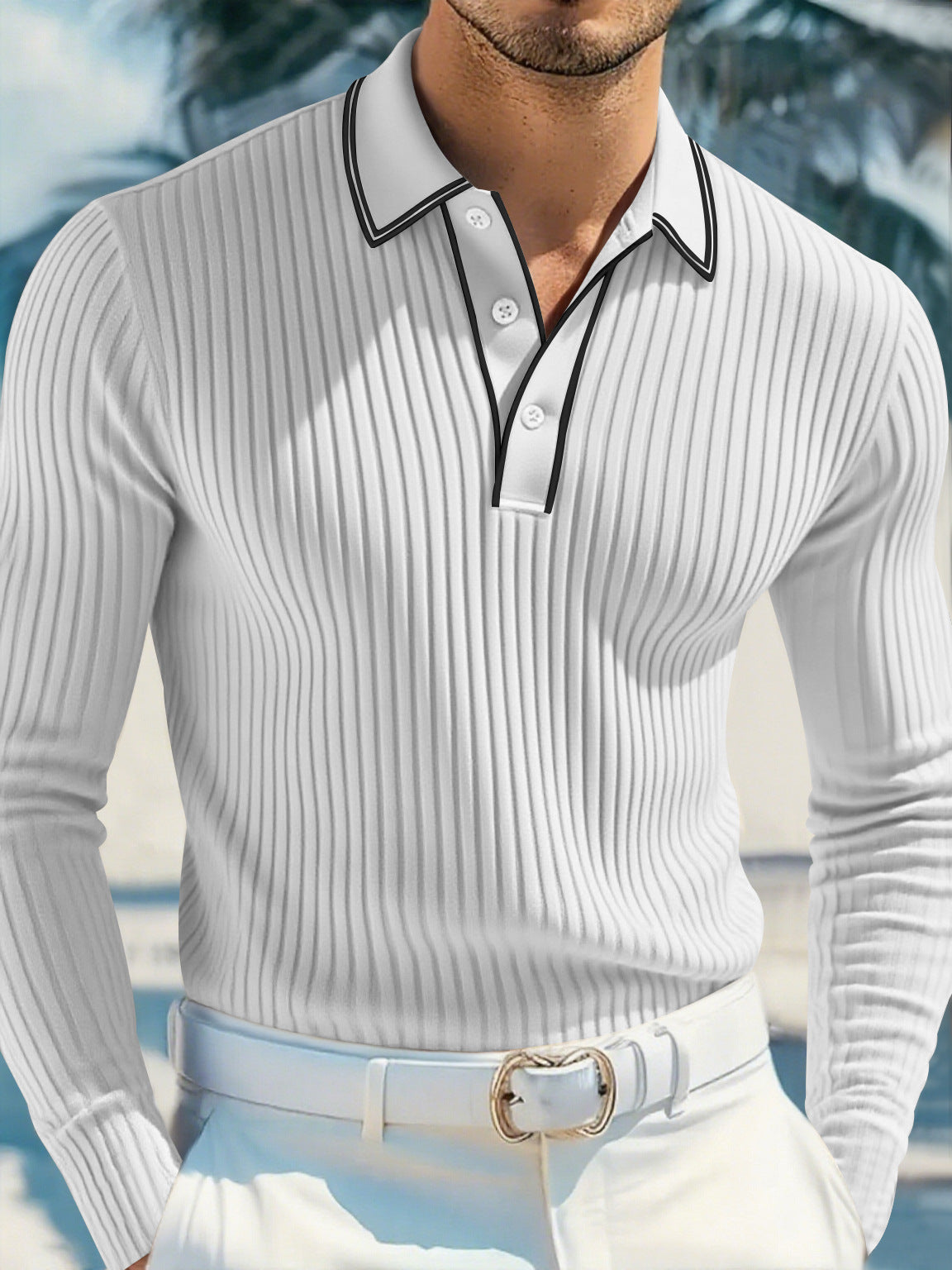 Men's Striped Long-Sleeve Polo Shirt