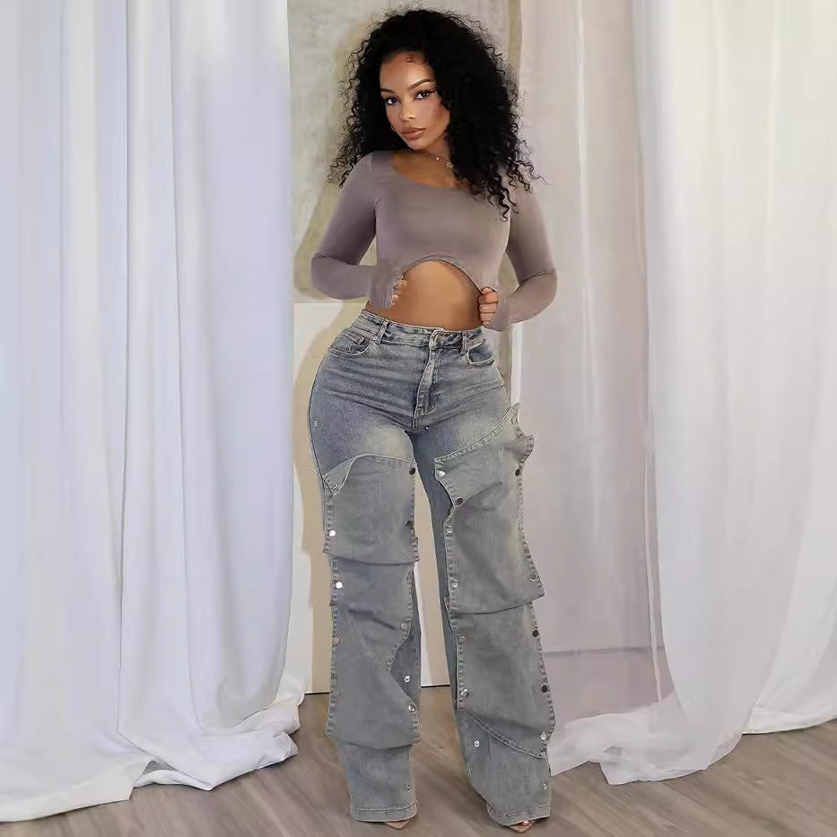 Women's Straight Leg Jeans High Waist Detachable Button Street Fashion Casual Pants