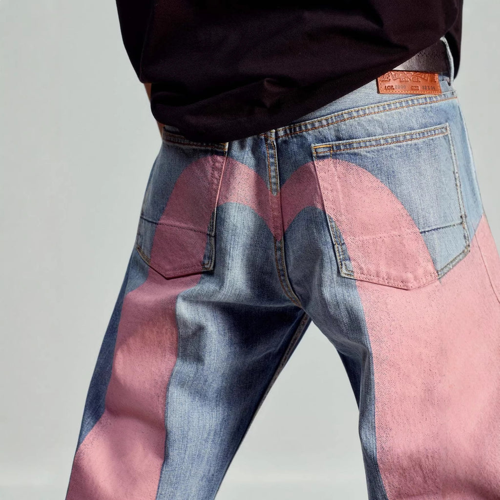 High Street  Printed Denim Pants Men High Waist Loose Straight Leg Jeans Ins Fashion