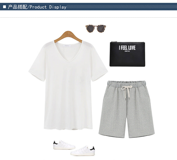 Solid Color Women's Summer High Waist 150kg Five-Point Pants Large Size Drawstring Sports Casual Pants Plus Size Slim Straight-Leg Pants Weizhong