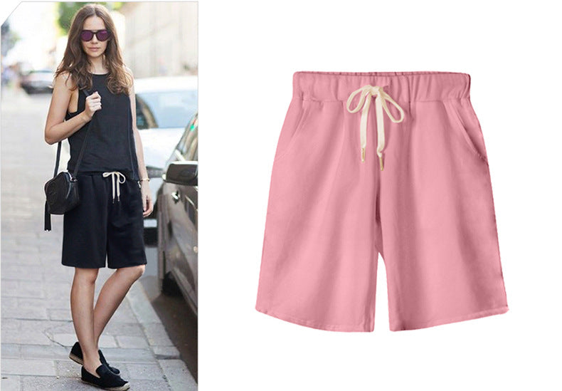 Solid Color Women's Summer High Waist 150kg Five-Point Pants Large Size Drawstring Sports Casual Pants Plus Size Slim Straight-Leg Pants Weizhong