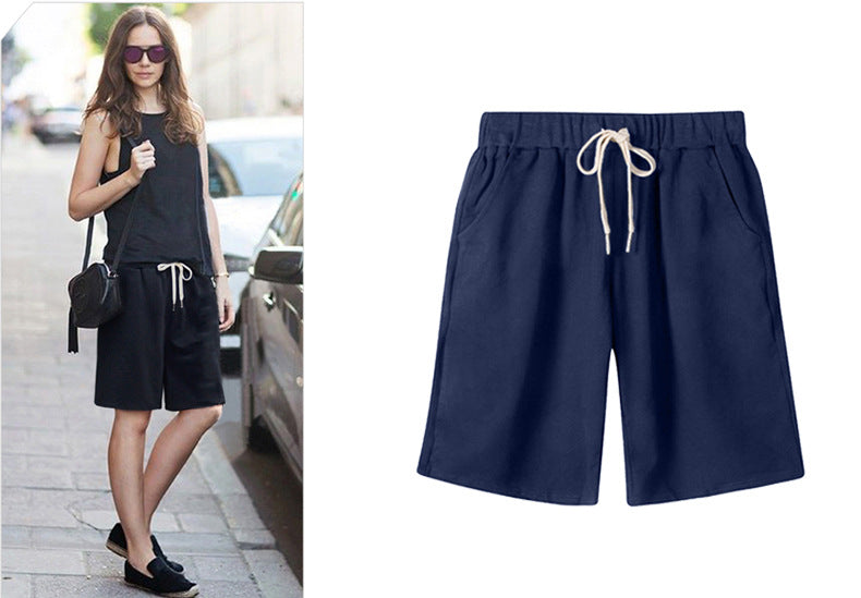 Solid Color Women's Summer High Waist 150kg Five-Point Pants Large Size Drawstring Sports Casual Pants Plus Size Slim Straight-Leg Pants Weizhong