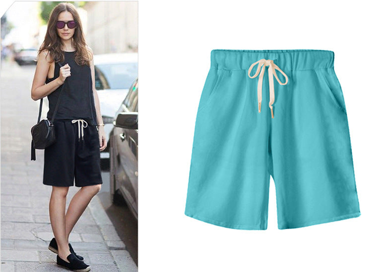 Solid Color Women's Summer High Waist 150kg Five-Point Pants Large Size Drawstring Sports Casual Pants Plus Size Slim Straight-Leg Pants Weizhong