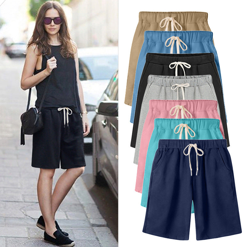 Solid Color Women's Summer High Waist 150kg Five-Point Pants Large Size Drawstring Sports Casual Pants Plus Size Slim Straight-Leg Pants Weizhong