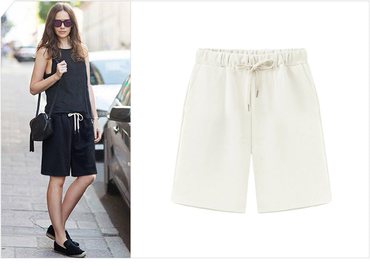 Solid Color Women's Summer High Waist 150kg Five-Point Pants Large Size Drawstring Sports Casual Pants Plus Size Slim Straight-Leg Pants Weizhong