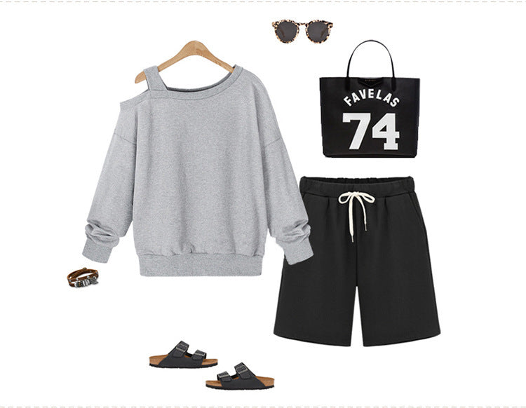 Solid Color Women's Summer High Waist 150kg Five-Point Pants Large Size Drawstring Sports Casual Pants Plus Size Slim Straight-Leg Pants Weizhong