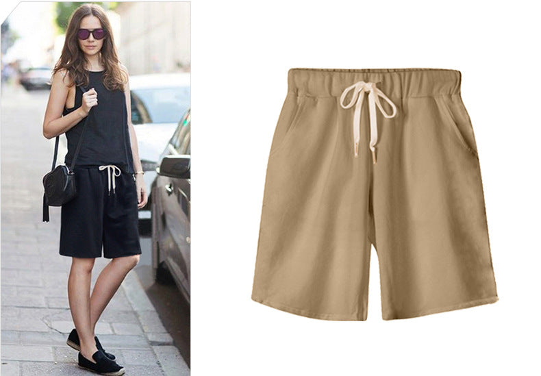 Solid Color Women's Summer High Waist 150kg Five-Point Pants Large Size Drawstring Sports Casual Pants Plus Size Slim Straight-Leg Pants Weizhong