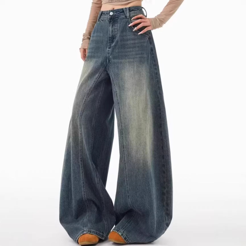 Blue Knife-Edge Jeans Women Pants Wide Leg Floor-Length Trousers