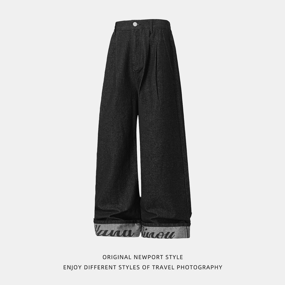 Original Denim VintageStreet Style Straight Leg Jeans for Men, Autumn Structural Pleated Cuff Printed Long Pants