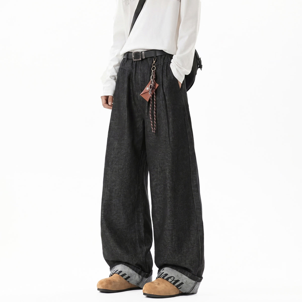 Original Denim VintageStreet Style Straight Leg Jeans for Men, Autumn Structural Pleated Cuff Printed Long Pants