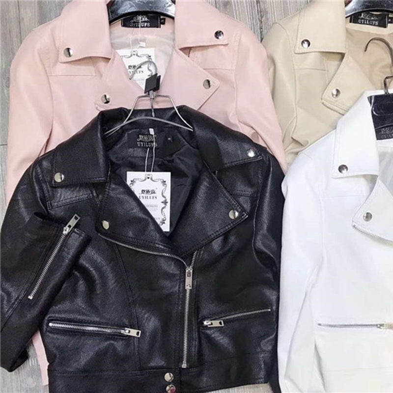 2025 Spring and Autumn New Motorcycle Leather Jacket for Women, Short Slim Fit, Plus Size, Washed Leather Jacket, Korean Style Trendy Small Coat