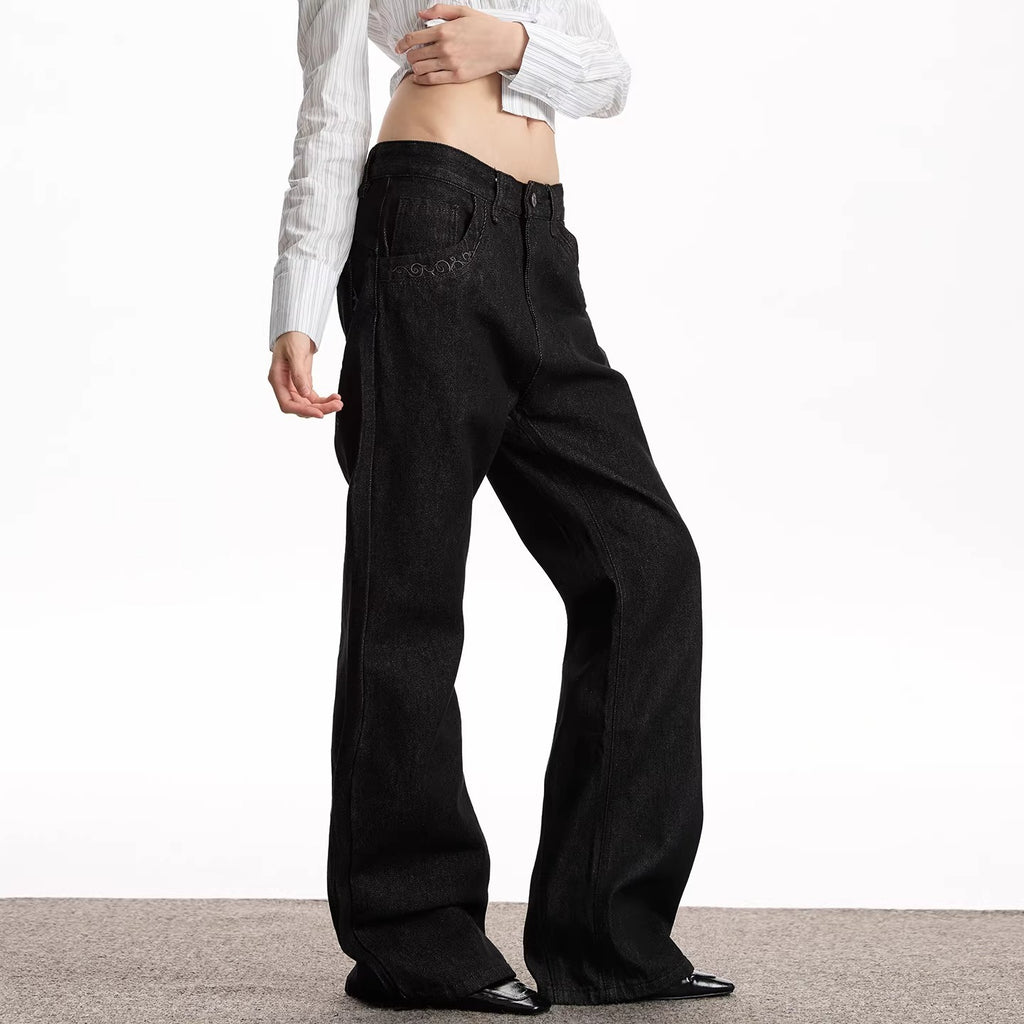 Embroidered Raw Denim Flared Jeans Women Cleanfit Preppy Style Long Pants Black