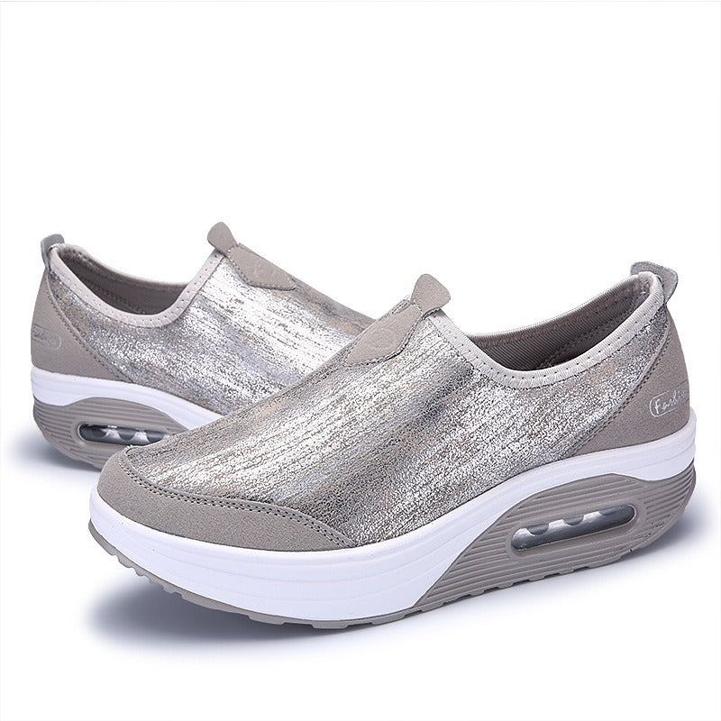 Women's Sports Shoes, Air Cushioned Sloping Heels, Casual Thick Soled Rocking Shoes, Oversized Travel Shoes