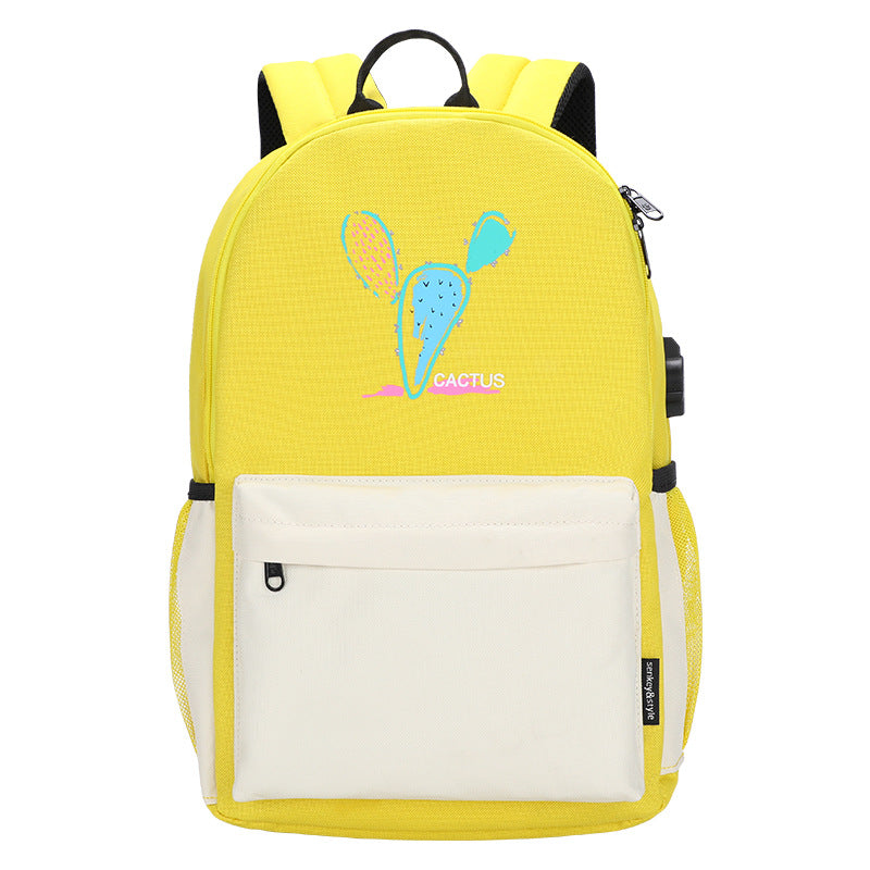 Cute Bear & Cactus Print Girls Backpack — Oxford Cloth Medium School Bag