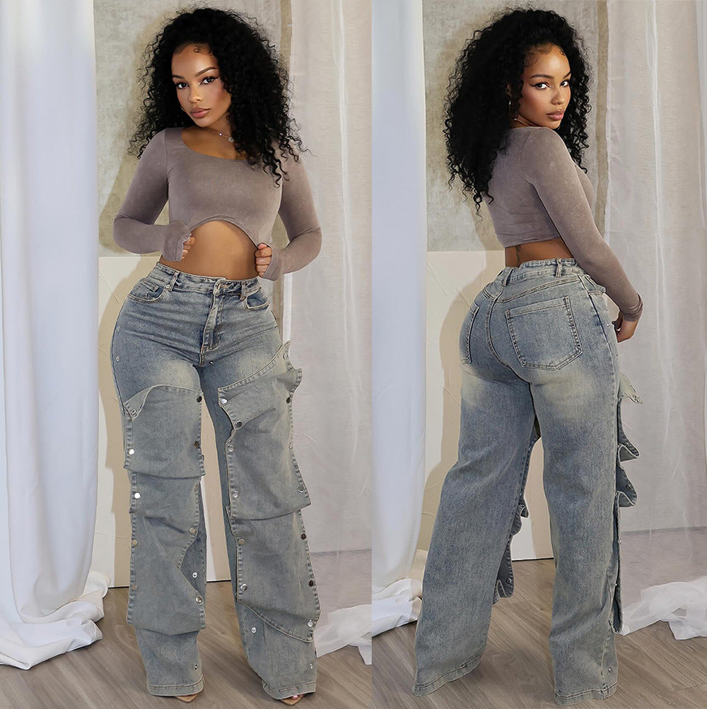 Women's Straight Leg Jeans High Waist Detachable Button Street Fashion Casual Pants