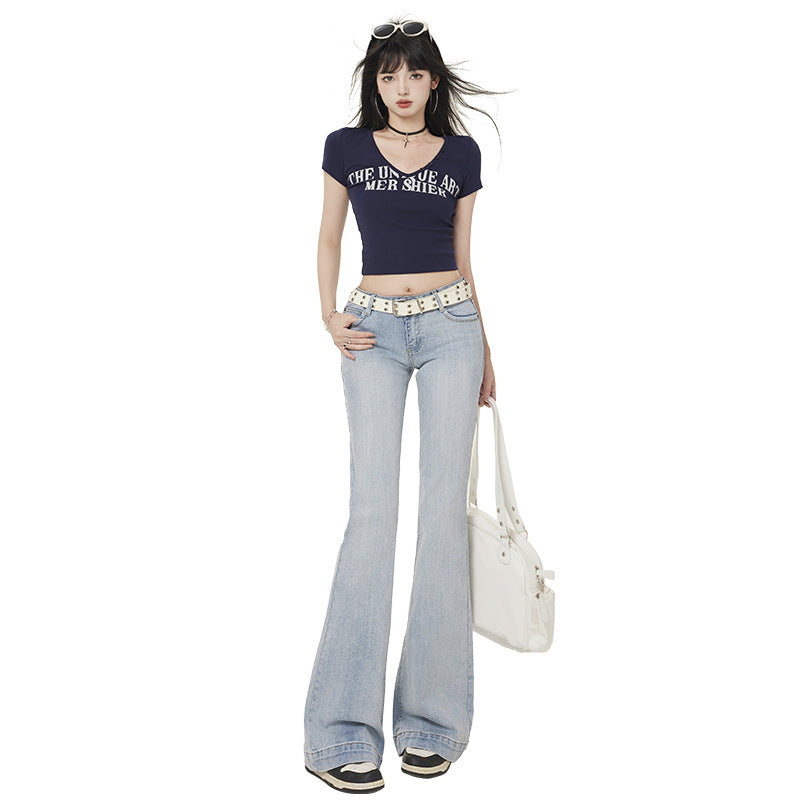 Women's Black and Gray Flared Jeans  Slimming Retro Low Waist  Pants