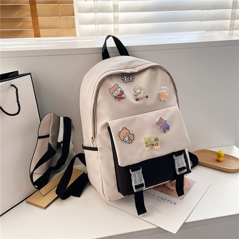 Korean Ulzzang Nylon Backpack — INS Style School Bag with Brooch Pendant for Teen & High School Girls