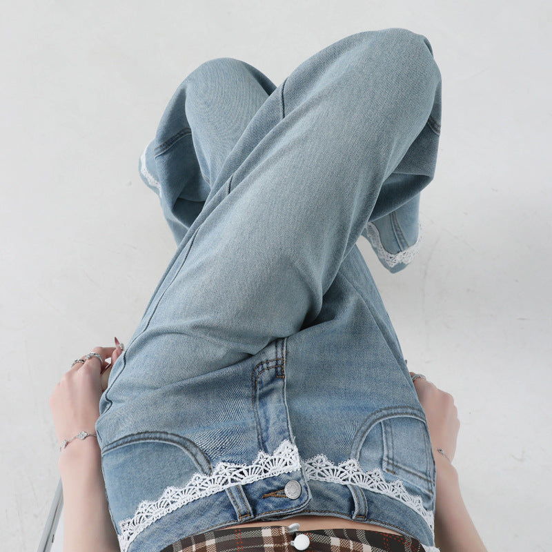 Lace Trim Wide Leg Jeans Women Slimming Flared Pants