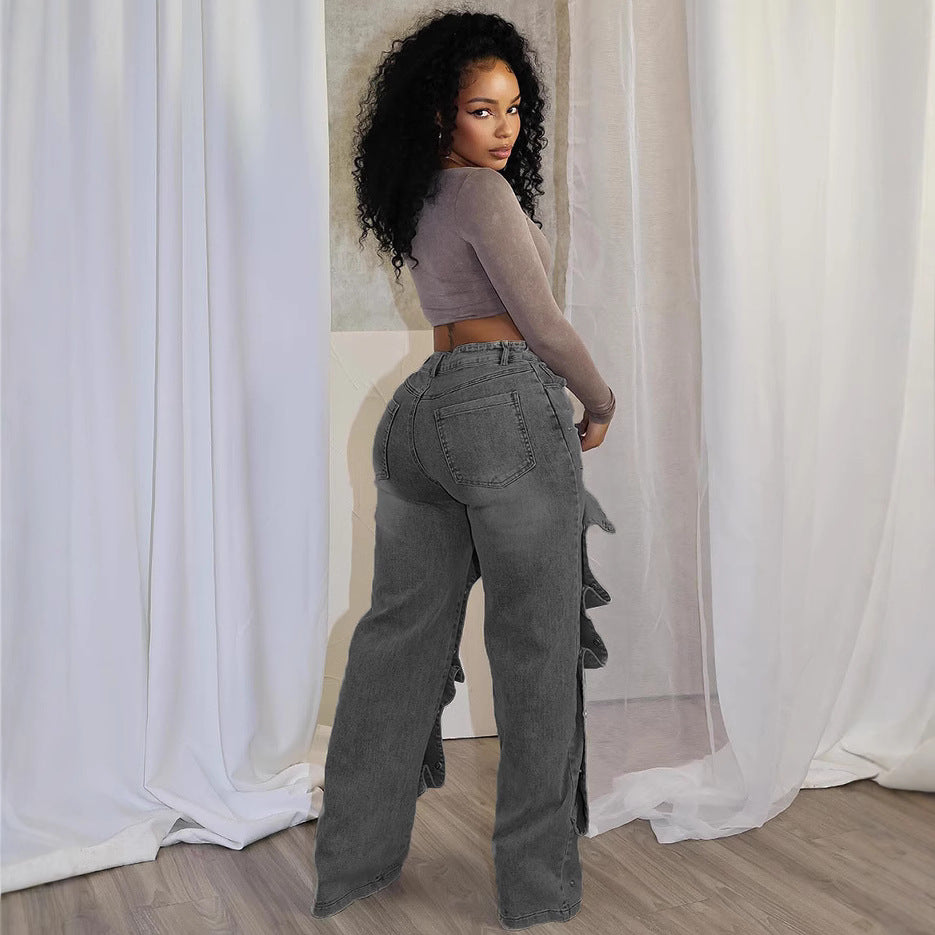 Women's Straight Leg Jeans High Waist Detachable Button Street Fashion Casual Pants