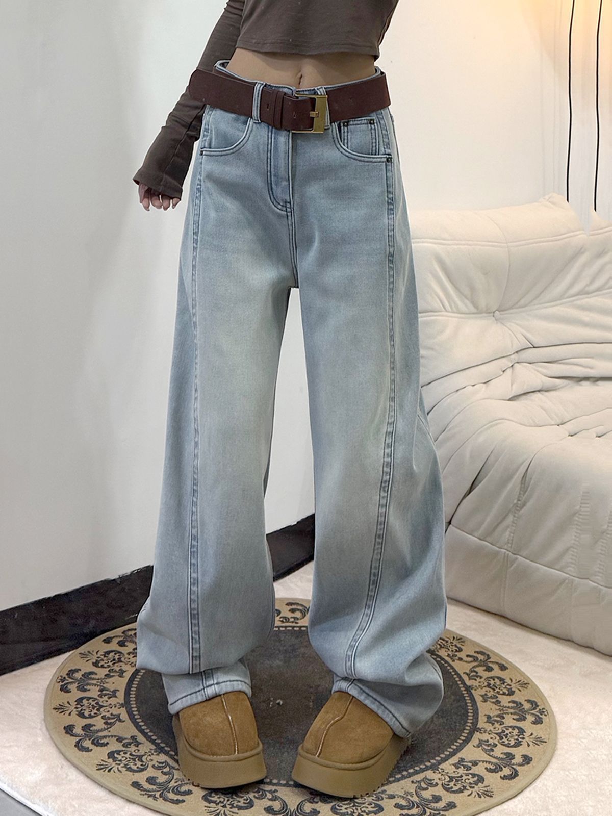 Light Color Jeans Women's New Straight Leg Wide Leg Pants Casual Loose Slimming Floor-Length Pants