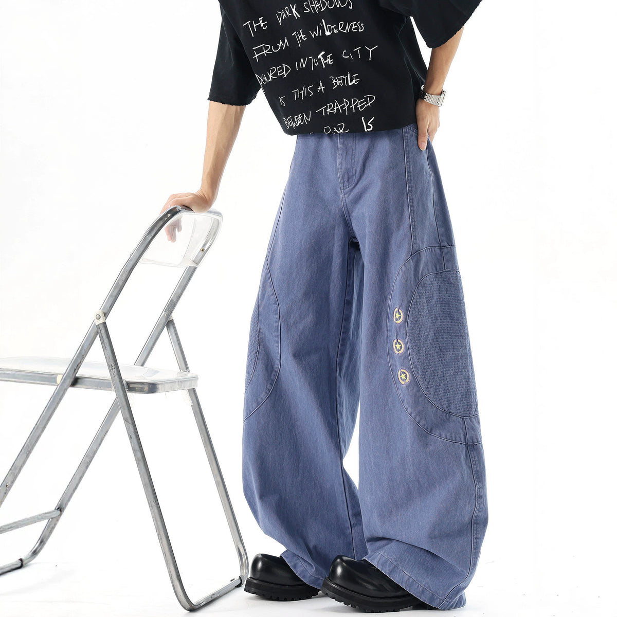 High Waist Men's Arc Fashion Patchwork Star Design Jeans Summer Loose Drape Versatile Wide Leg Pants