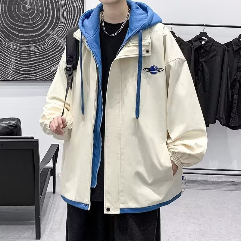 Men's Techwear Windbreaker Jacket – Two-Piece Look, Hooded, Water-Resistant