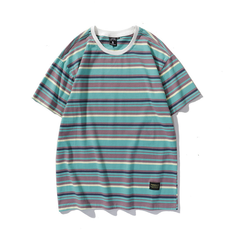 Japanese-Style Casual Striped Short-Sleeve T-Shirt Summer 2026 Loose Versatile Ins Trendy Brand Couple's Outfit Round Neck Loose Fit