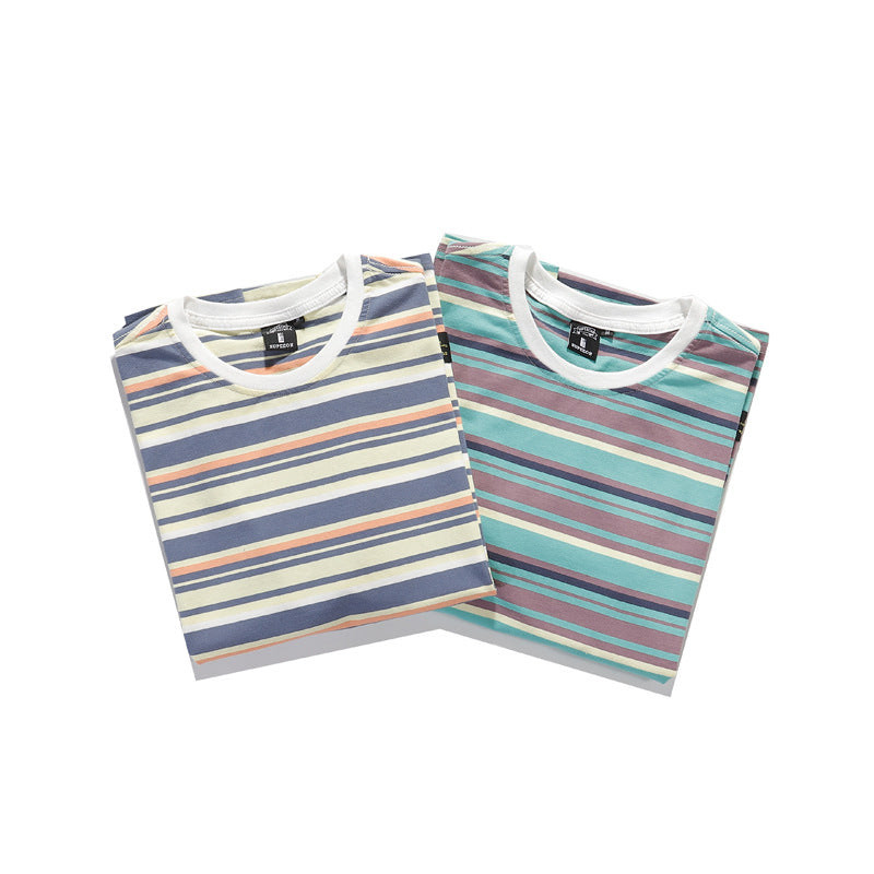 Japanese-Style Casual Striped Short-Sleeve T-Shirt Summer 2026 Loose Versatile Ins Trendy Brand Couple's Outfit Round Neck Loose Fit