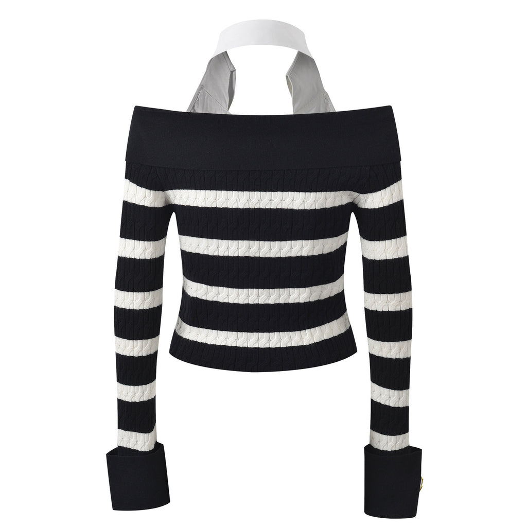 Rock Navy style shirt collar design nail bead buckle black and white striped off shoulder knit sweater