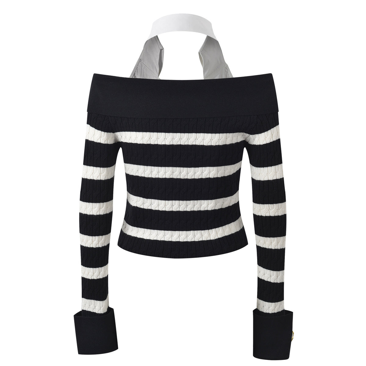 Rock Navy style shirt collar design nail bead buckle black and white striped off shoulder knit sweater