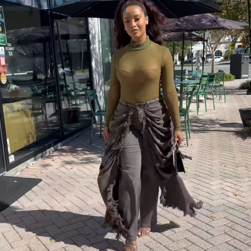 High-Waist Jeans for Women, Fashionable and Unique Pleated Brushed Edge Straight Leg Pants