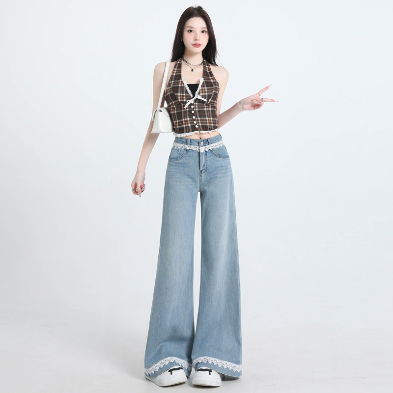 Lace Trim Wide Leg Jeans Women Slimming Flared Pants