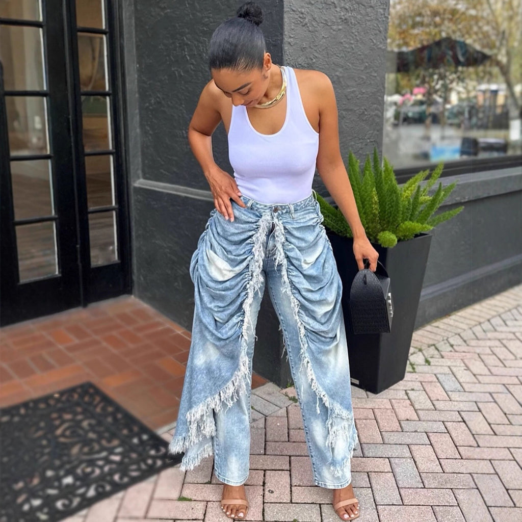 High-Waist Jeans for Women, Fashionable and Unique Pleated Brushed Edge Straight Leg Pants