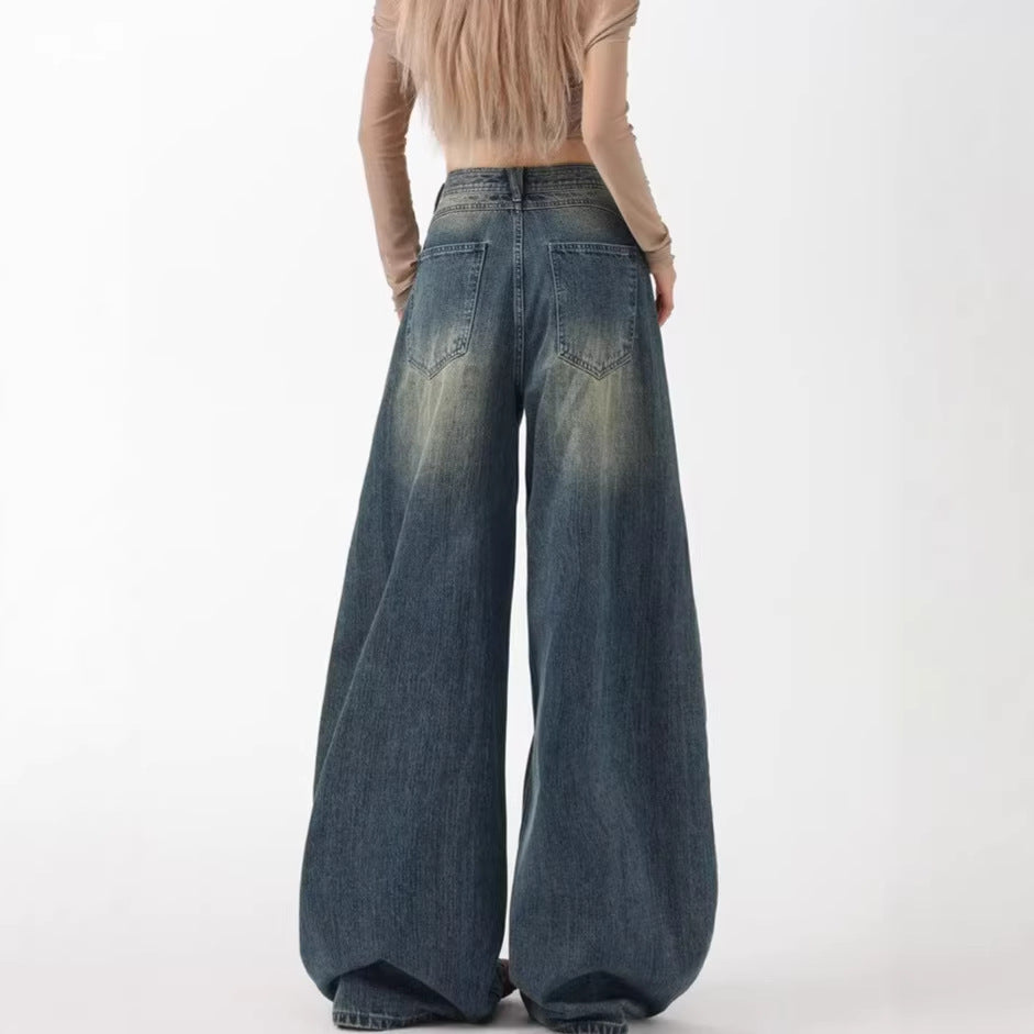 Blue Knife-Edge Jeans Women Pants Wide Leg Floor-Length Trousers