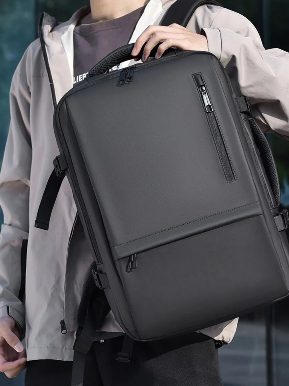 Multi-Pocket Leather Backpack — Adjustable Straps Business Casual Bag in Black & Dark Gray