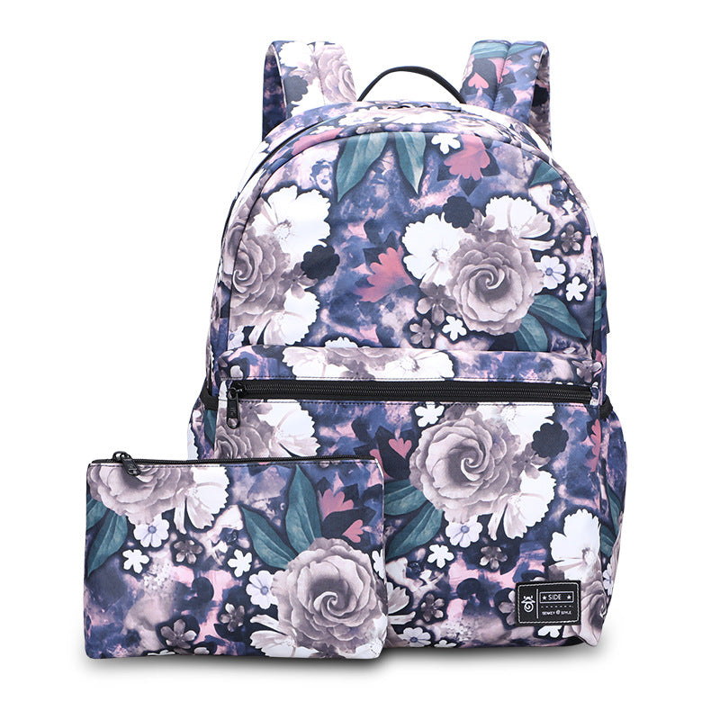 Peony Print 2-Piece Backpack Set — Large Capacity Oxford Cloth School Bag with USB Port in Purple