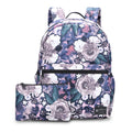 Peony Print 2-Piece Backpack Set — Large Capacity Oxford Cloth School Bag with USB Port in Purple