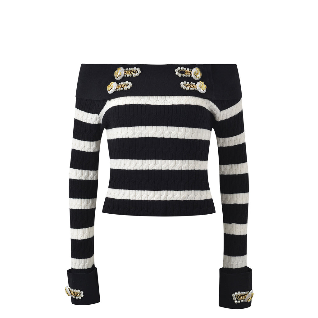 Rock Navy style shirt collar design nail bead buckle black and white striped off shoulder knit sweater