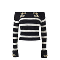 Rock Navy style shirt collar design nail bead buckle black and white striped off shoulder knit sweater