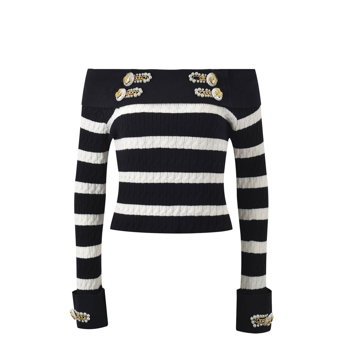 Rock Navy style shirt collar design nail bead buckle black and white striped off shoulder knit sweater