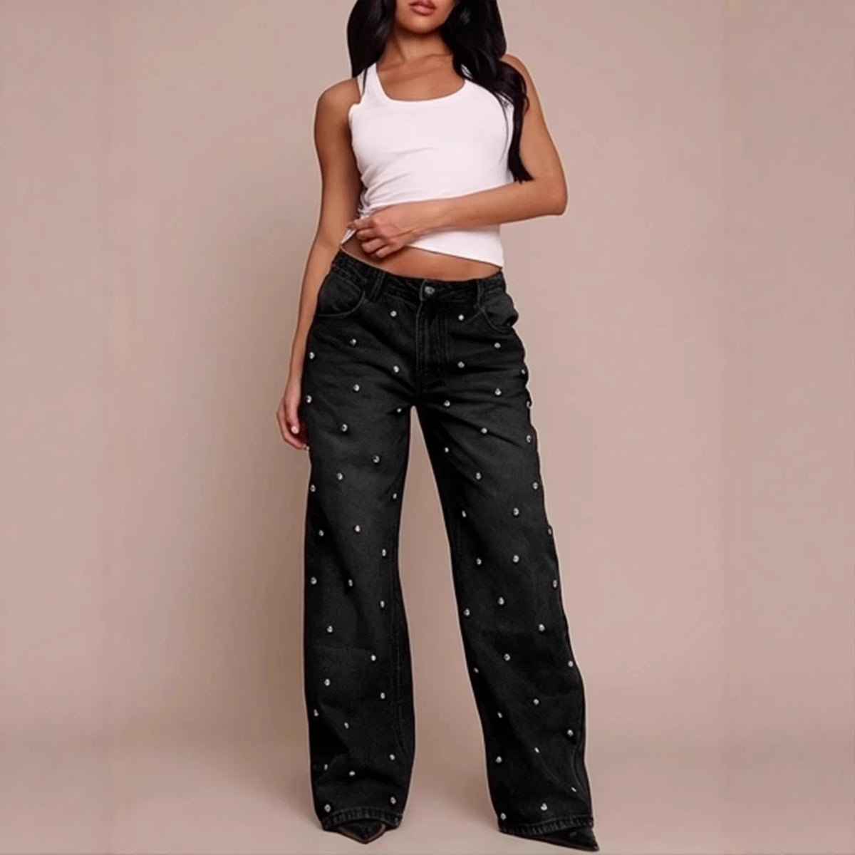 Women's nail bead washed jeans, women's high waisted straight leg pants, spicy girl pants