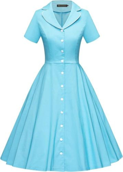 GownTown Women's 1950s Vintage Short Sleeves Notch Lapel Swing Dress