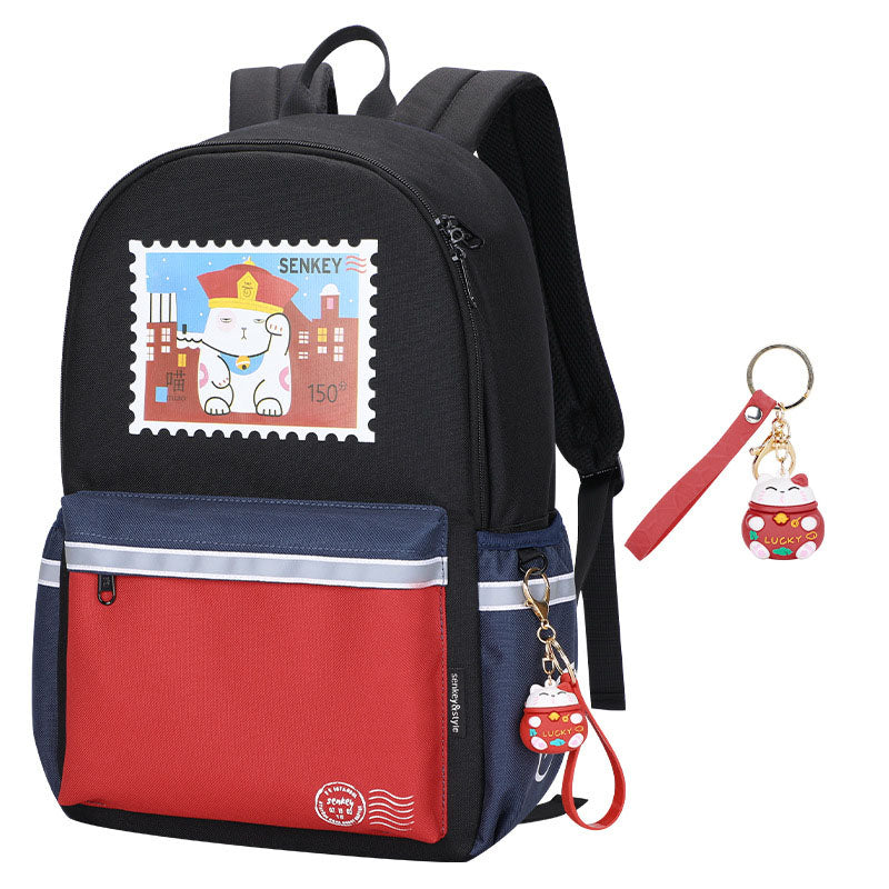 Street Trend Character Backpack — Anti-Theft Oxford Cloth School Bag with Bear, Tiger & Lucky Cat Print
